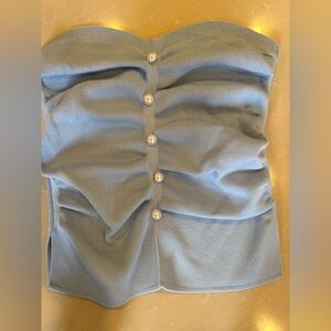 Blue Strapless Top with Pearl Buttons